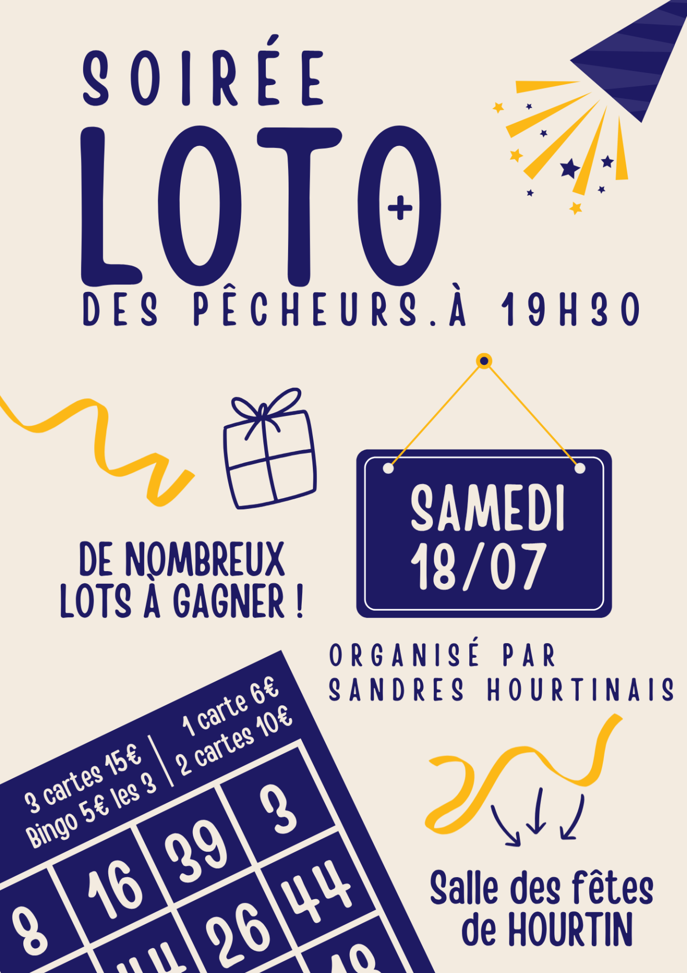 Flyer annonce evenement festif jeux loto bingo illustration bleu marine jaune beige 
